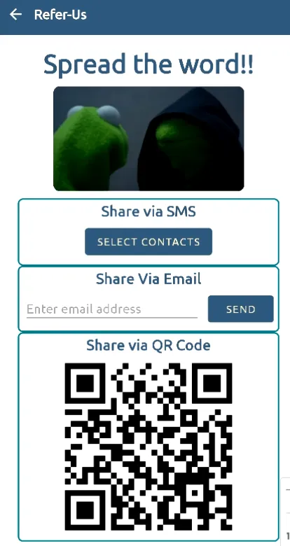 Screenshot of the BugBazaar Refer-Us screen showing various sharing options.
