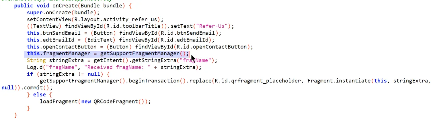 Screenshot of the vulnerable code snippet in the decompiler, showing dynamic fragment instantiation from an Intent extra.