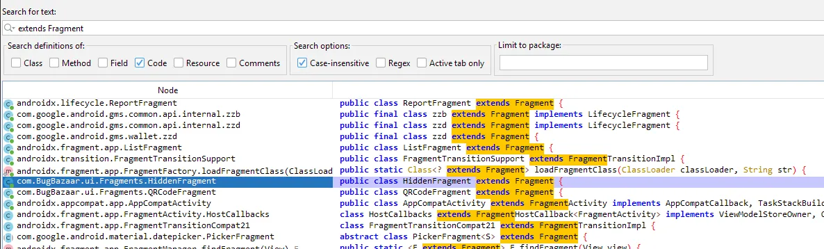 Screenshot of search results in JADX for 'extends Fragment', highlighting the discovery of HiddenFragment.