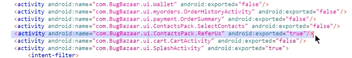 Screenshot showing the successful exploit, where a hidden fragment with a Squirtle image is loaded into the Refer-Us activity.
