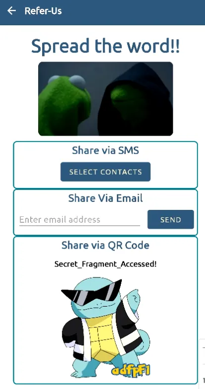 Screenshot showing the successful exploit, where a hidden fragment with a Squirtle image is loaded into the Refer-Us activity.